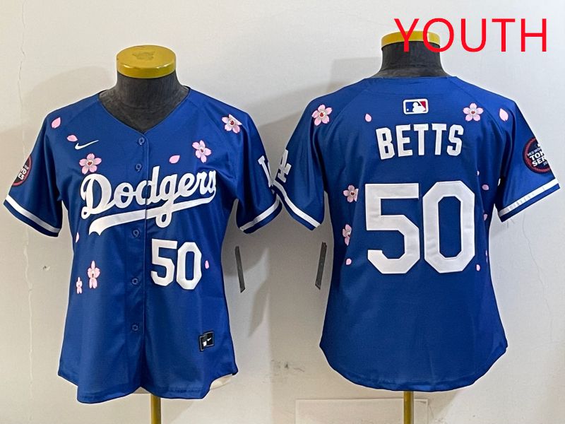 Youth Los Angeles Dodgers #50 Betts Blue Sakura Edition 2025 Nike MLB Jersey style 8
